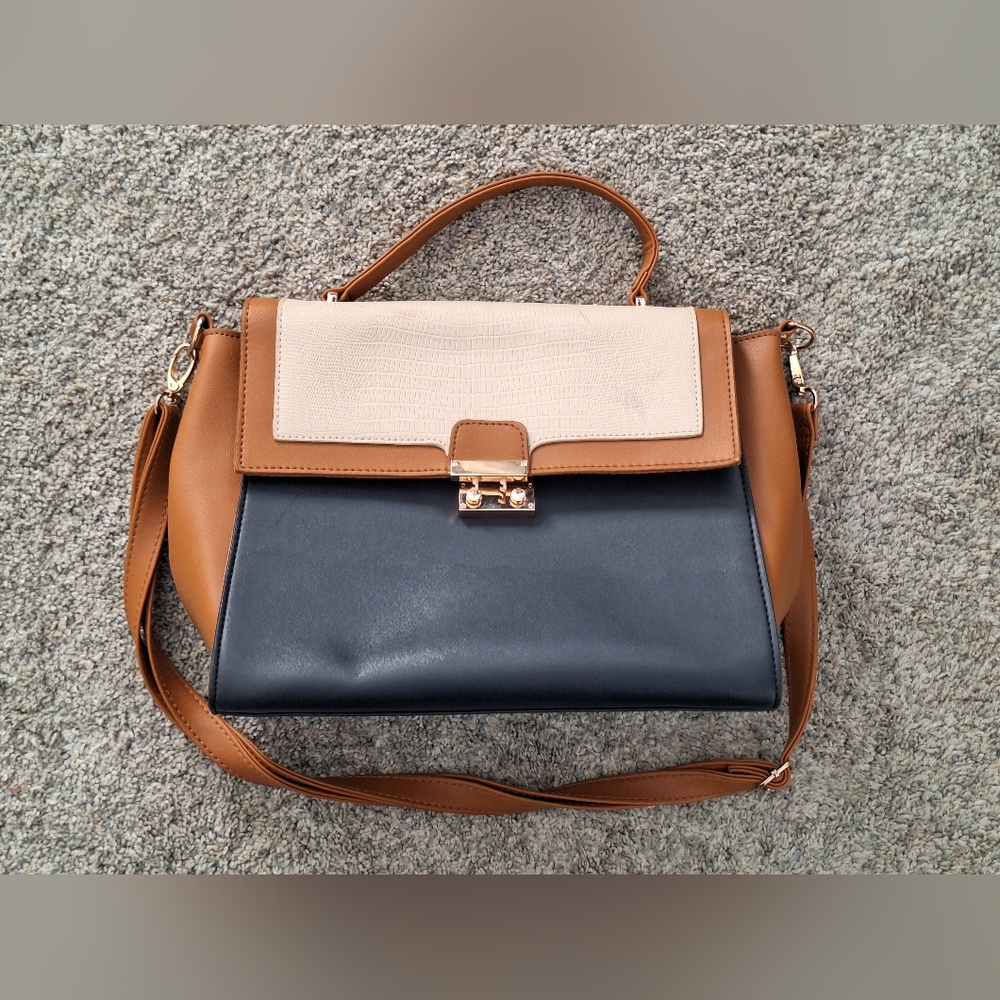 Elegant Tan and Navy Women's Handbag